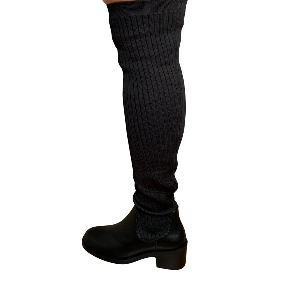 Current Mood Gia Black Thigh High Knit Sock Boots Block Heel Size 8 New in Box